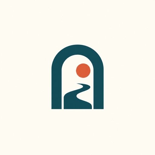 A curved path leads through a teal doorway toward an orange sun.